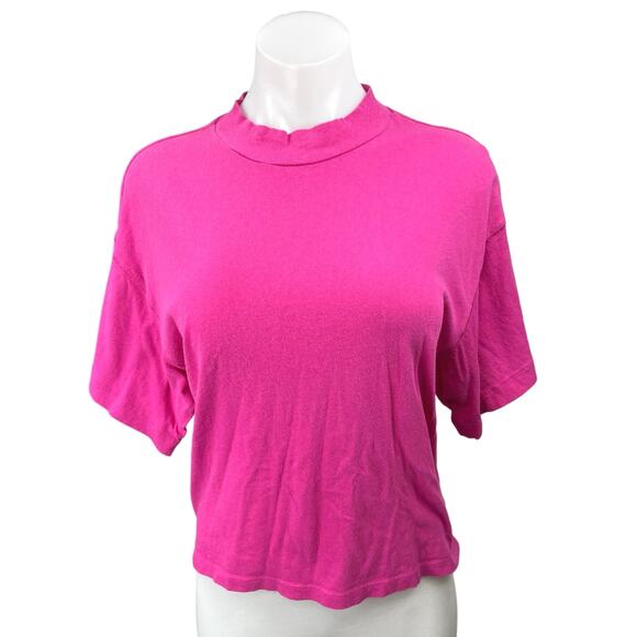 Free People Hot Pink Knit Mock Neck Crop Short Sleeve Tee T-Shirt Top Size M - Picture 1 of 4